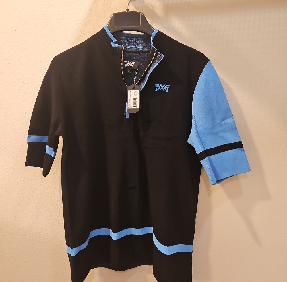 PXG Black And Blue Womens  Golf Short-Sleeve Golf Polo with Half-Zip Knit
